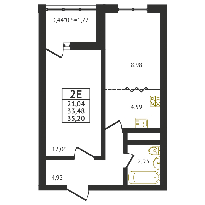 Евро 2-комнатная квартира - 35,20 м2